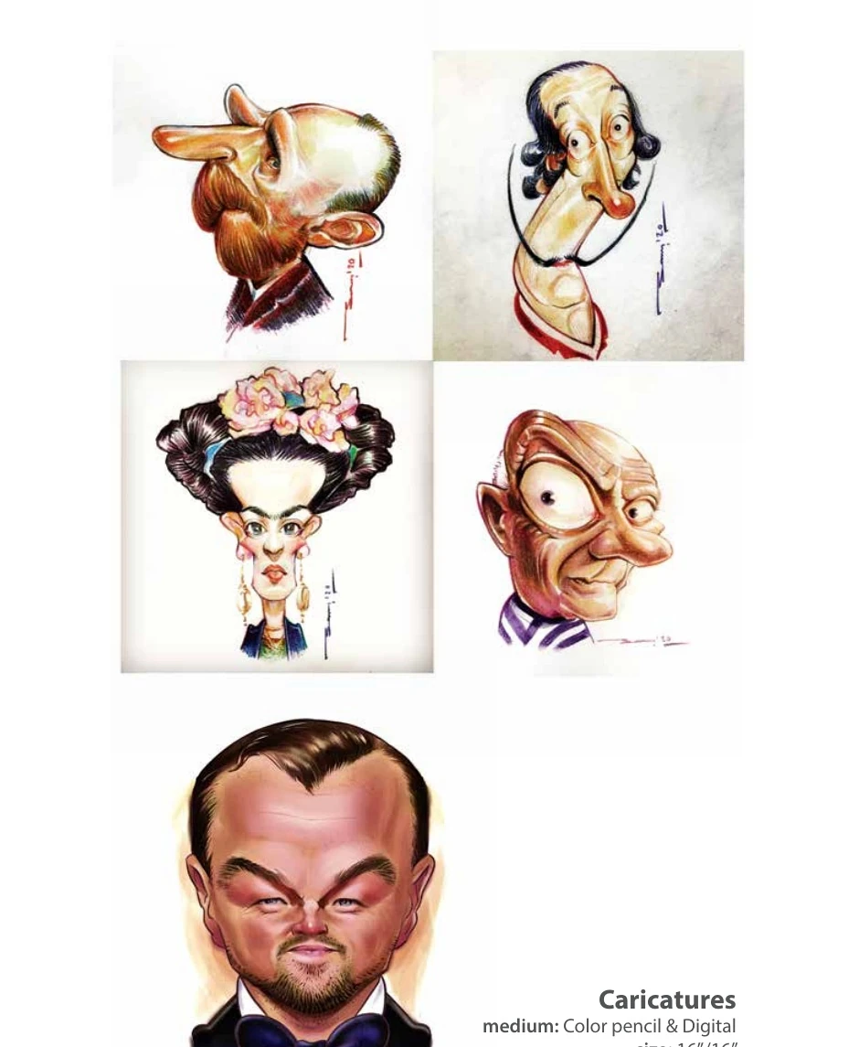Caricature studies in color pencil and digital media